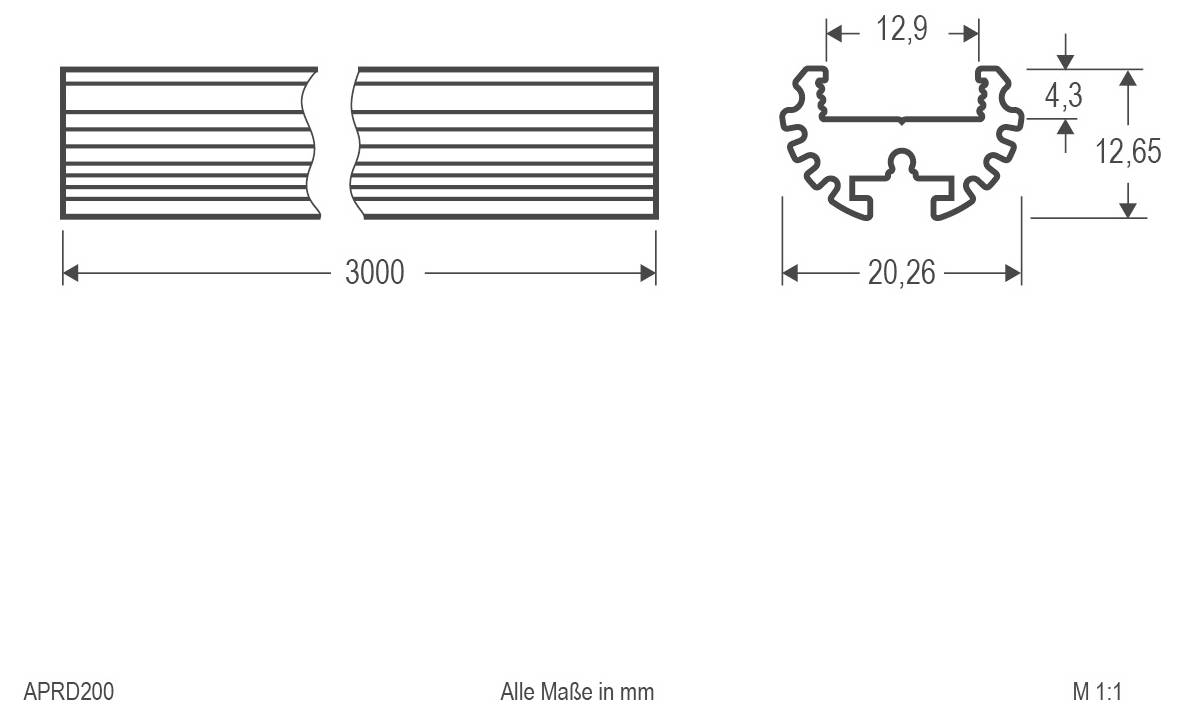 Technische Maßzeichnung eines EVN LED-Stromversorgungsgeräts mit Draufsicht und Vorderansicht, Kabelanschlüssen und Abmessungen in Millimetern.