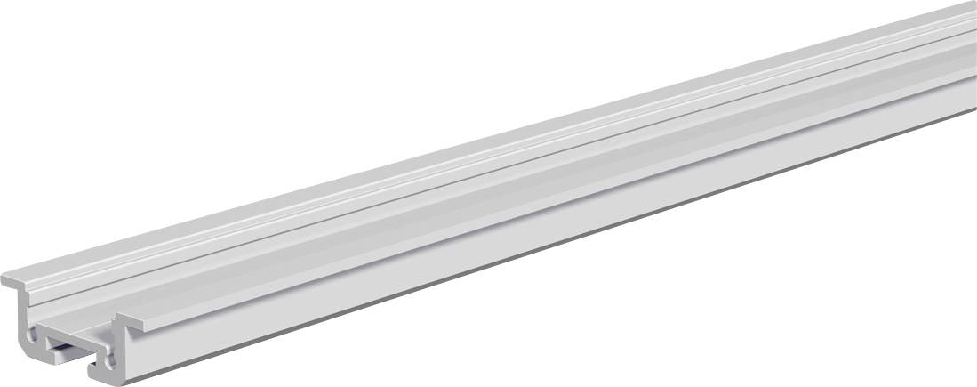 Langes silbernes Aluminium-Schienenprofil oder Kanalprofile in Perspektive auf weißem Hintergrund dargestellt.