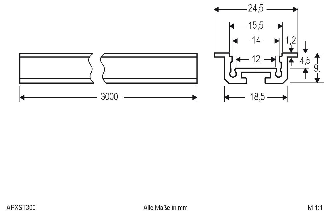 Technische Zeichnung eines Metallprofils mit zwei Seitenansichten und einem Querschnitt mit Abmessungen in Millimetern, einschließlich 3000 Länge und 24,5, 18,5, 15,5, 14, 12, 9, 4,5, 1,2 Breiten und Höhen.