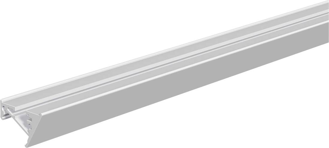 Langes Aluminium-Linearleuchtengehäuse mit dreieckiger Befestigungsklammer, dargestellt auf weißem Hintergrund.