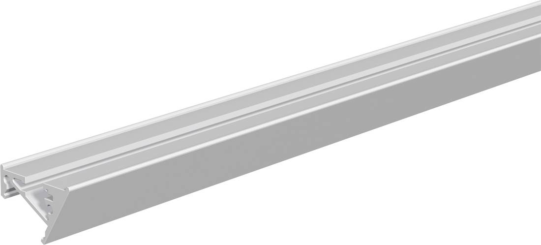 Langes graues Metall-Linearleuchten- oder LED-Profil in Perspektive auf weißem Hintergrund dargestellt.