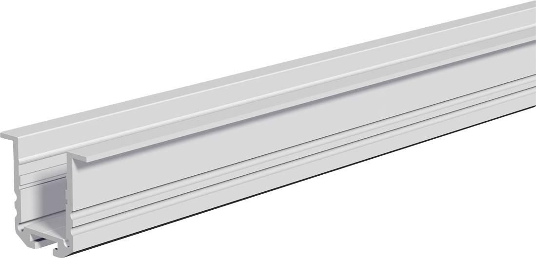 Silberne metallische lineare Leuchtengehäusevorrichtung, perspektivisch auf weißem Hintergrund dargestellt.