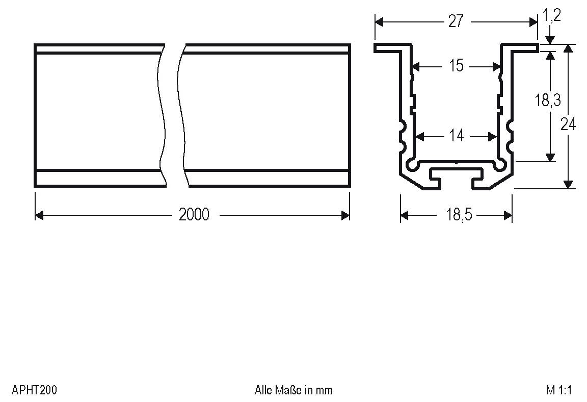 Technische Maßzeichnung eines Schnittprofiles mit einer Gesamtlänge von 2000 mm und Querschnittsmessungen von 27, 18,5, 24, 18,3, 15, 14 und 1,2 mm; Maßstab 1:1.