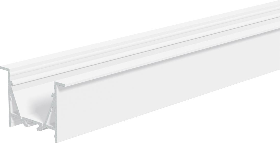 Langes weißes extrudiertes Aluminiumprofile oder Leuchtengehäuse, in Perspektive auf weißem Hintergrund dargestellt.