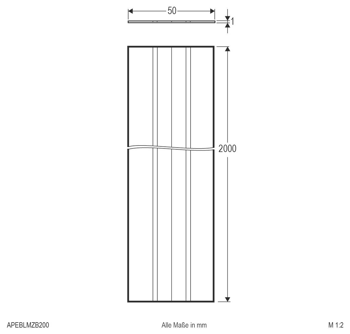 Technische Zeichnung eines rechteckigen Panels oder einer Tür, 2000 mm hoch und 50 mm breit, mit einem 1 mm Dickenstrich, der oben dargestellt ist.