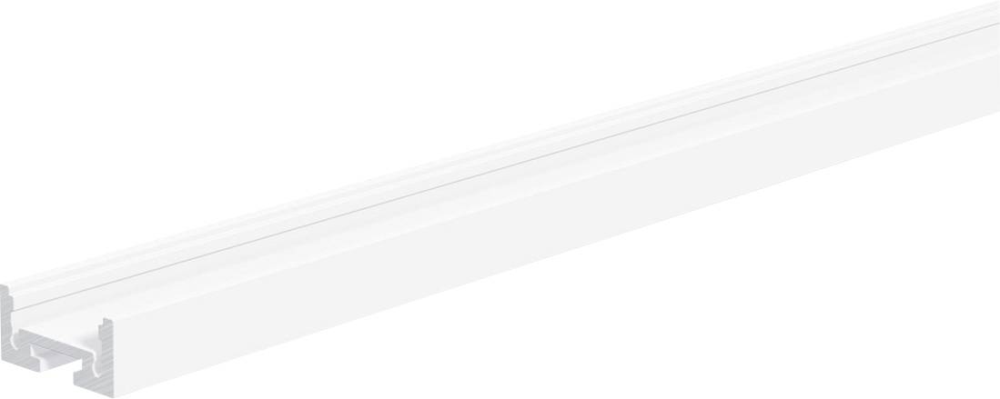 Lange weiße LED-Streifenleuchte, diagonal auf weißem Hintergrund dargestellt, mit sichtbarem Metallmontageschiene an einem Ende.