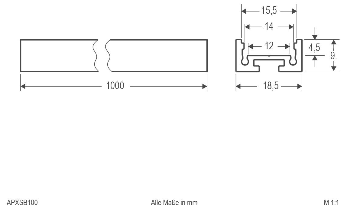 Technische Zeichnung eines rechteckigen Profils dargestellt in Seiten- und Querschnittsansichten mit Abmessungen in mm: 1000 Länge, 18,5 Breite, 9 Höhe und innere Breiten 15,5, 14, 12 und 4,5.