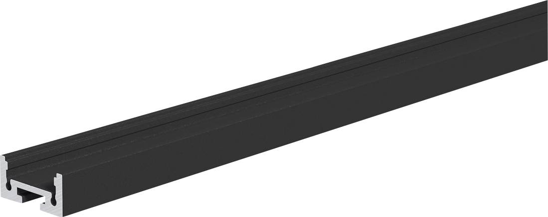 Schwarzes Aluminium-Extrusionsprofil mit kanalförmigem Querschnitt, diagonal auf weißem Hintergrund dargestellt.