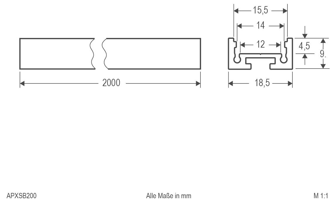 Technische Zeichnung eines Profilquerschnitts mit der Bezeichnung „APFB300