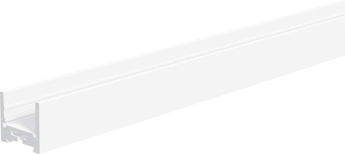 Weißes horizontales Extrusionsprofil oder Schienenprofil in Seitenansicht auf weißem Hintergrund, mit sichtbarem Endquerschnitt auf der linken Seite.