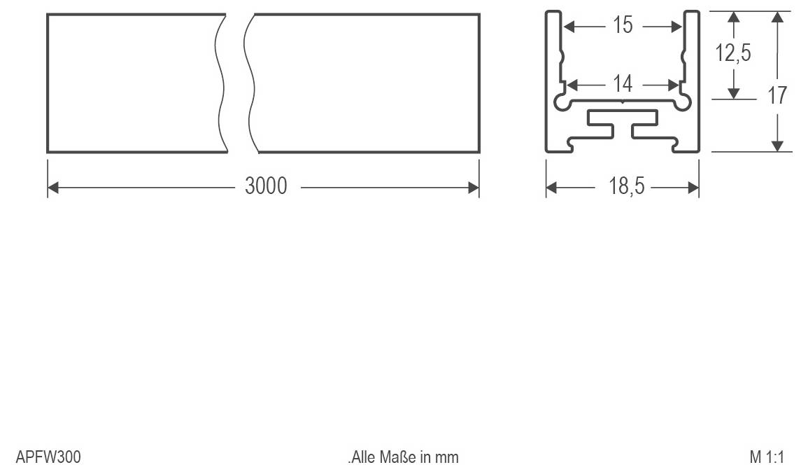 Technische Zeichnung einer Aluminiumprofil-Verbindung, die eine Länge von 3000 mm und Querschnittabmessungen mit den Beschriftungen 15, 14, 18,5, 12,5 und 17 mm zeigt.