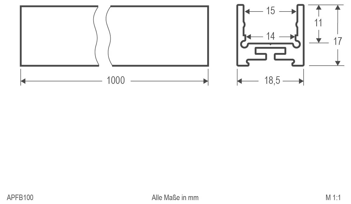 Technische Zeichnung eines Profilquerschnitts mit einer Länge von 1000 mm und Querschnittabmessungen von 18,5 mm Breite mal 17 mm Höhe, mit mehreren intern beschrifteten Abmessungen in Millimetern.