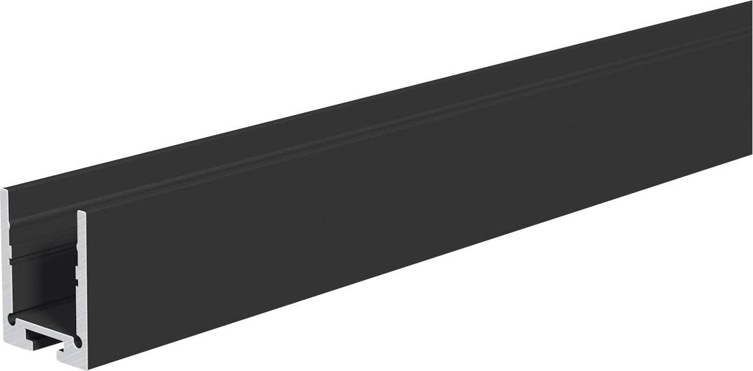 Schwarzes Metall-Kanal- oder Schienenprofil, das in einem Winkel auf weißem Hintergrund dargestellt ist.