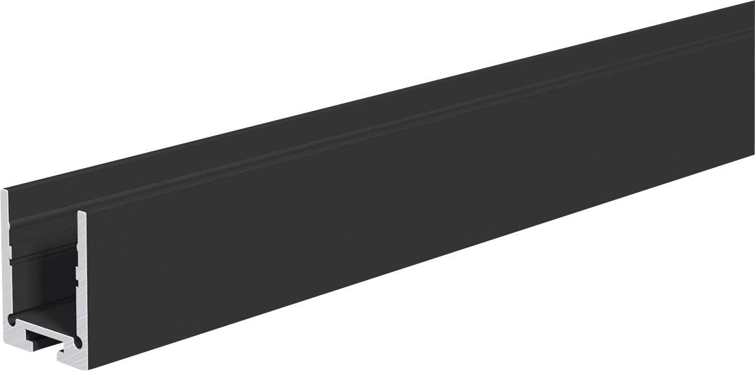 Schwarzes Aluminiumprofil-Extrusionskanal mit langem rechteckigem Profil und offener Endansicht, dargestellt auf weißem Hintergrund.