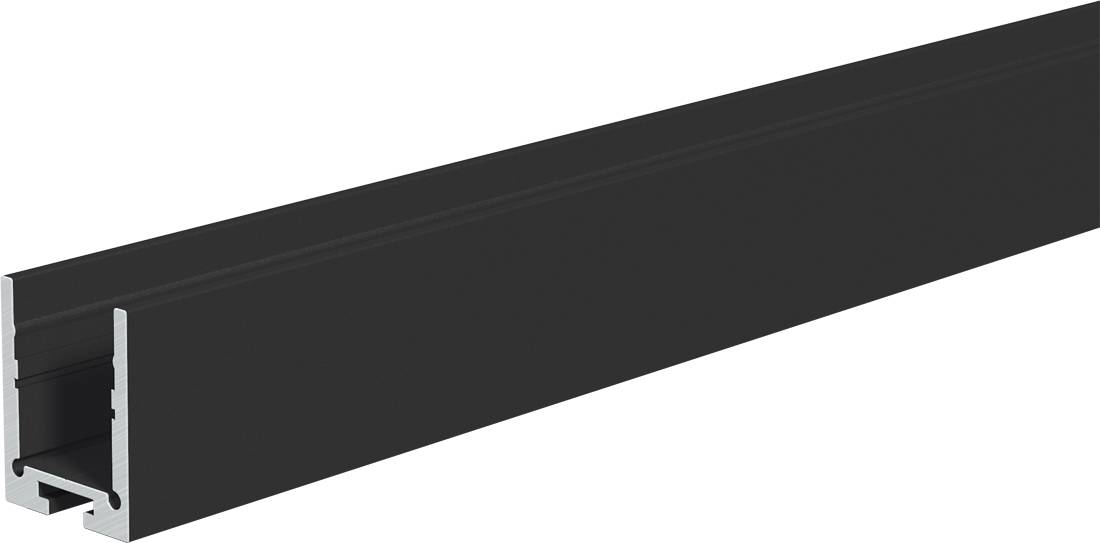 Schwarzes Aluminium-U-Profil-Strangpressfigur in perspektivischer Darstellung auf weißem Hintergrund.