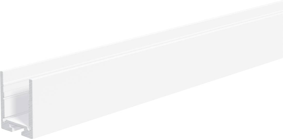 Weiße Kunststoff-Fensterrolloschiene oder -spur perspektivisch auf weißem Hintergrund dargestellt.