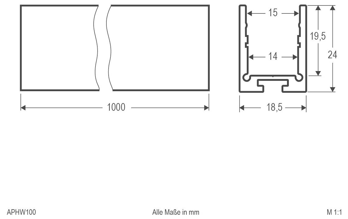 Technische Maßzeichnung eines 1000 mm breiten Profils mit Seitenschnitt-Abmessungen von 15, 14, 18,5, 19,5 und 24 mm.