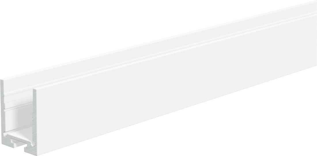Weiße Schubladenschiene in Perspektive dargestellt, ein langes Metallprofil mit inneren Schienen und Montageklammer auf der linken Seite.