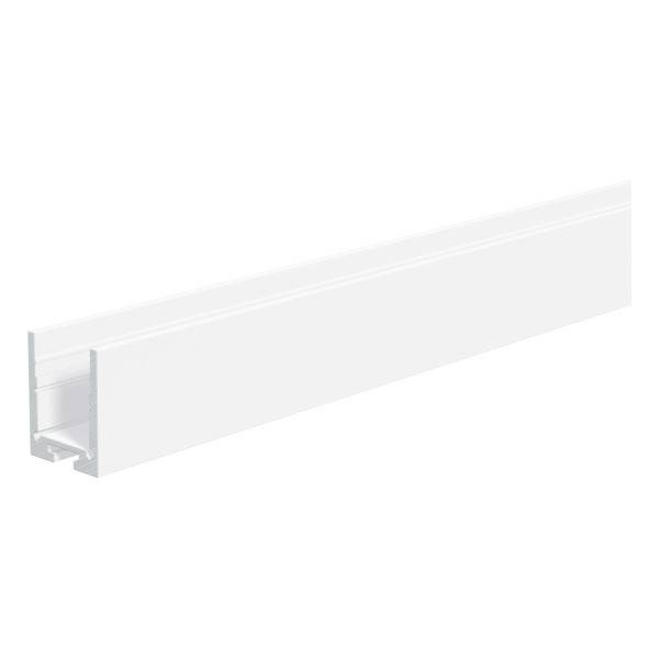 Weiße Metallschiene, seitlich betrachtet. Dient als Befestigungselement, möglicherweise für Paneele oder Regale.