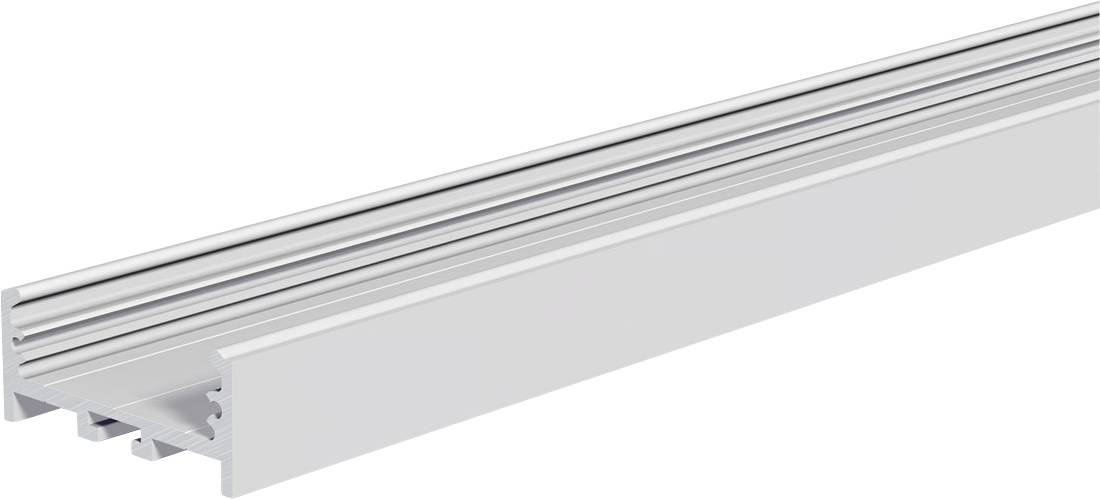 Lange weiße lineare LED-Leuchte mit gerippter Metalloberseite und transluzenter Seitendiffusor, perspektivisch auf weißem Hintergrund dargestellt.