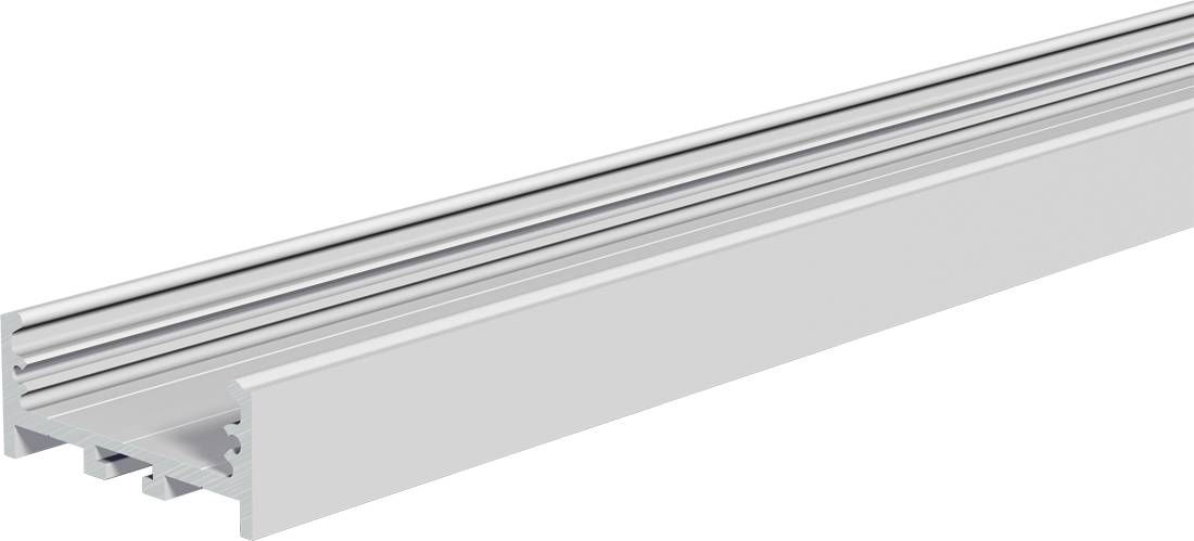 Lange silberne Aluminium-Strangpresskanal mit gerillter Oberseite und offener Unterseite, dargestellt in Perspektive auf weißem Hintergrund.