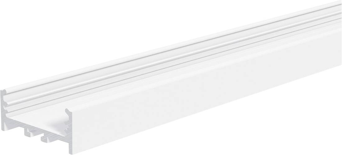 Weißes Aluminiumprofil mit Schiene in Perspektivdarstellung, mit langem Schlitzkanal und Montagenuten.