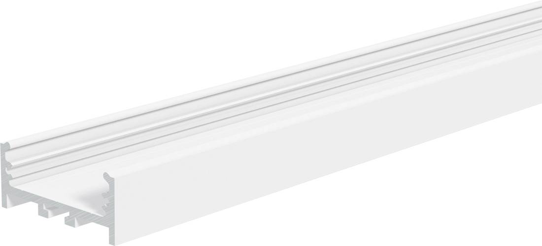 Lange weiße LED-Streifenleuchte mit Aluminiumkanal und mattiertem Diffusor, in Perspektivansicht auf weißem Hintergrund dargestellt.