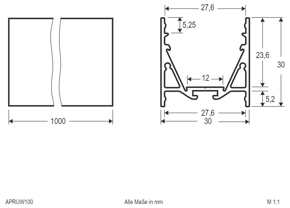 Technische Zeichnung eines Fensterprofiles: Vorderansicht von zwei Paneelen 1000 mm breit und Querschnitt mit Abmessungen in Millimetern, bezeichnet APRUW100, Maßstab 1:1.