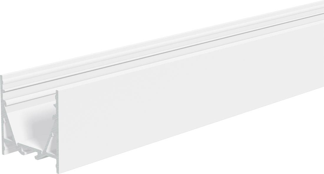 Weiß- oder Aluminium-Extrusionsprofil in Perspektive auf einem einfachen weißen Hintergrund dargestellt, mit sichtbarem Querschnitt am linken Ende.