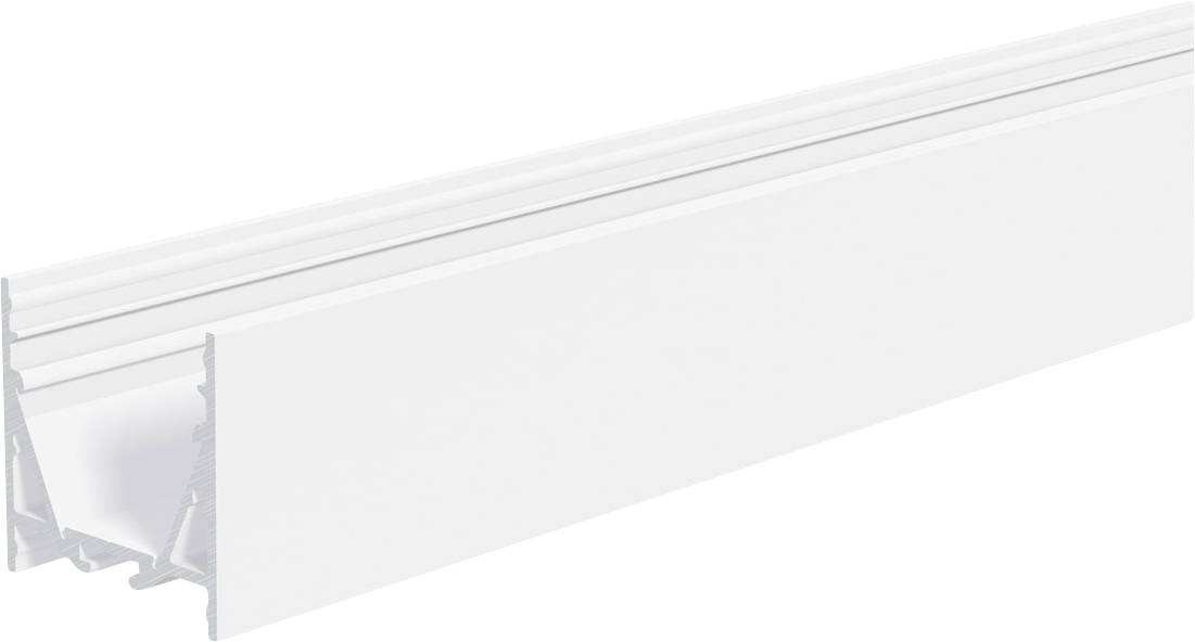 Weißes Aluminiumprofil in Perspektivdarstellung mit gerilltem Querschnitt und glatt verlängertem Körper.