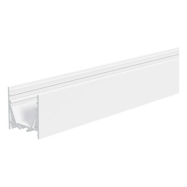 Ein weißes, lineares Aluminium-Profil für LED-Streifenmontage, seitlicher Querschnitt zeigt das interne Schienensystem.