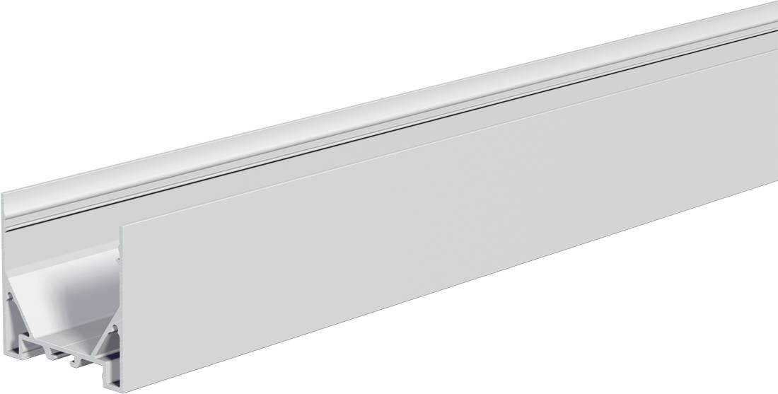 Nahaufnahme einer weißen Aluminiumleuchte mit linearem Profil oder Kanal, dargestellt in Perspektive auf einem einfachen weißen Hintergrund.