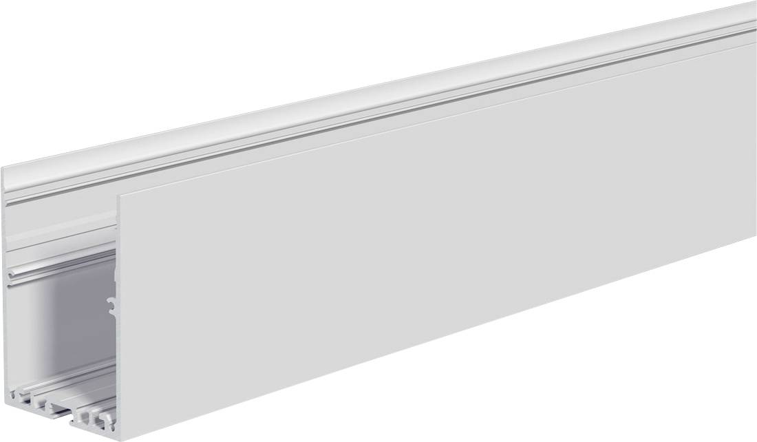 Langes weißes rechteckiges Panel mit einer Metall-Montageschiene, perspektivisch auf weißem Hintergrund dargestellt.