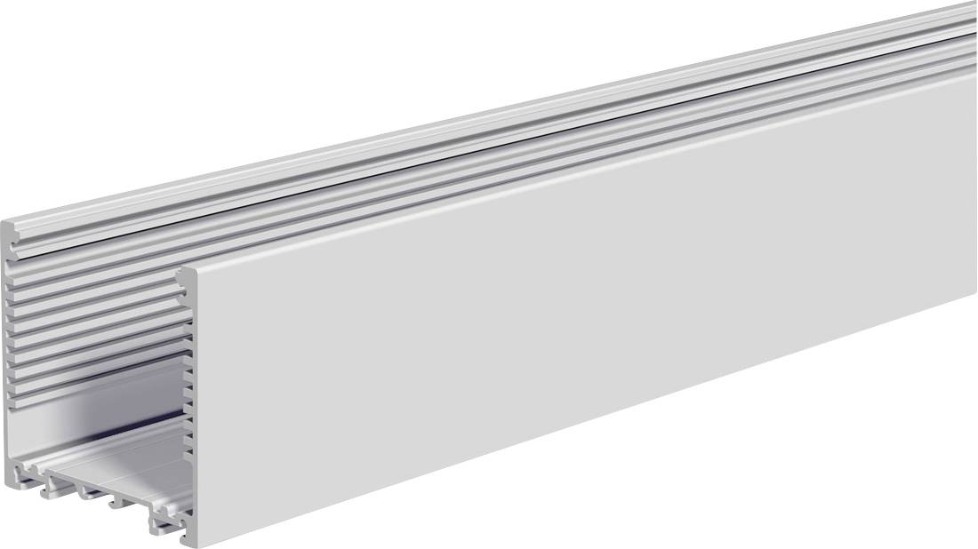 Nahaufnahme eines Aluminium-LED-Lichtkanals oder einer Extrusion mit einer Schiebeblende, perspektivisch auf weißem Hintergrund dargestellt.