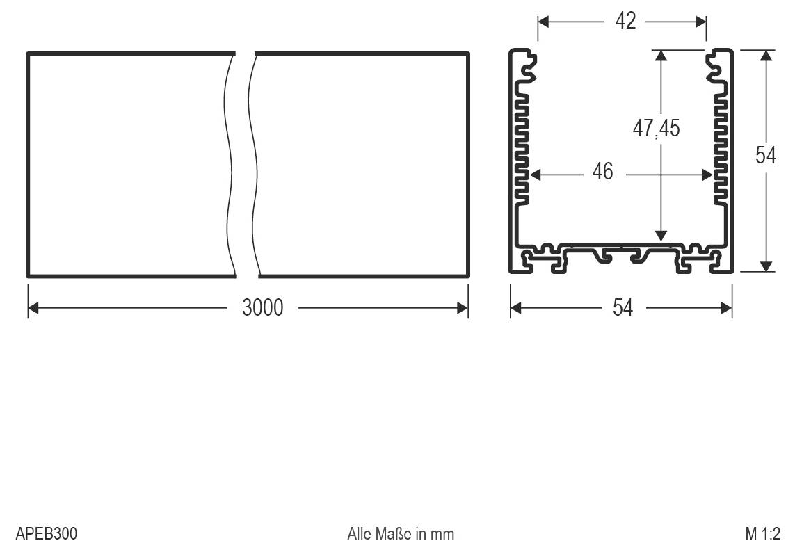 Technische Zeichnung eines 3000 mm Profils, zeigt eine Bruchansicht und einen Querschnitt mit Abmessungen in Millimetern: 24,5, 18,5, 15,5, 14, 12, 9, 4,5 und 1,2.
