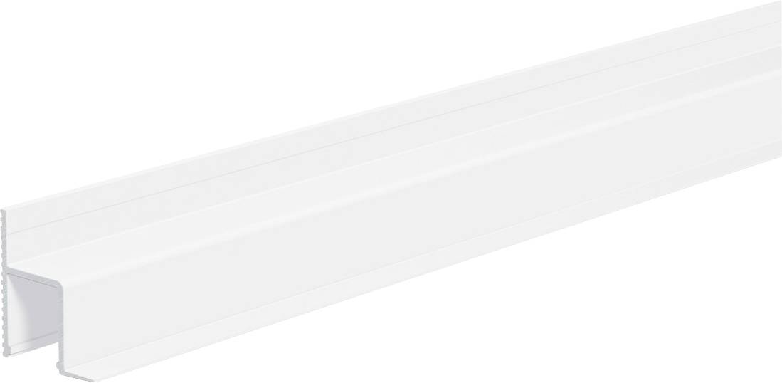 Nahaufnahme eines durchscheinenden weißen Kunststoffkanals oder LED-Diffuserprofils, das in perspektivischer Ansicht vor einem einfachen weißen Hintergrund gezeigt wird.