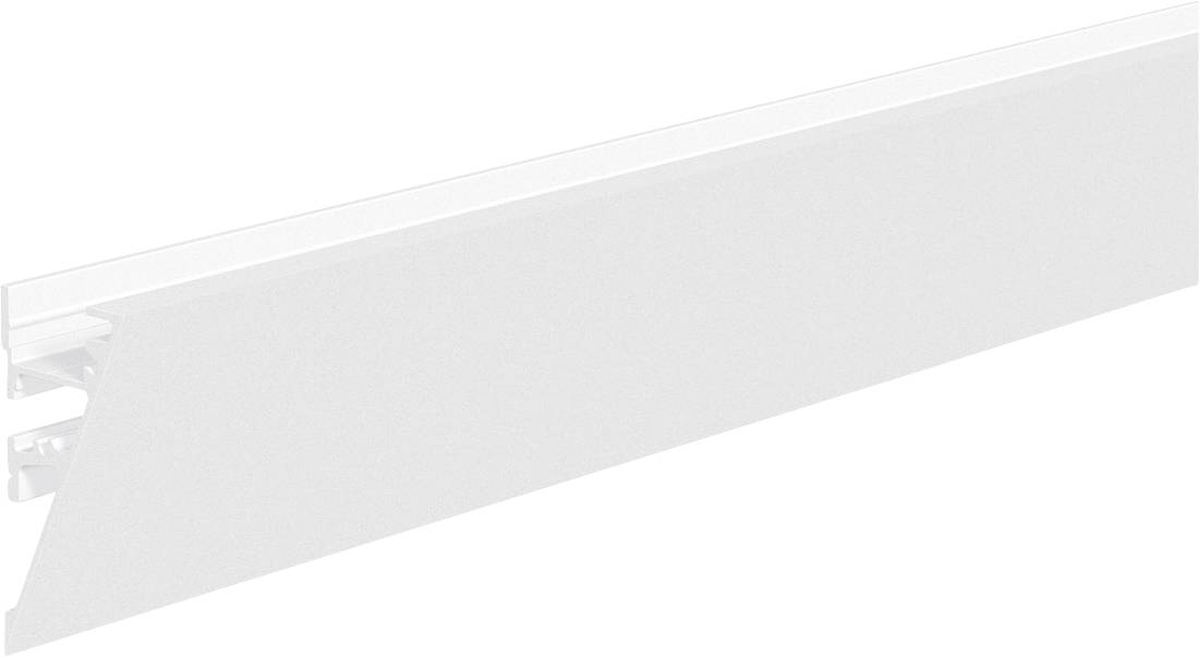 Weißes Kunststoff-Wandmontage-Objekt oder -Abdeckung, diagonal angezeigt, mit kleinem Clip-Detail an der linken Kante.