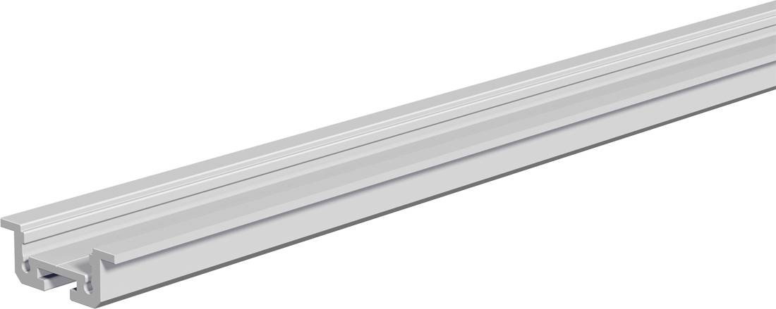 Langes Silber-Metallschienenprofil oder Gleisprofil, diagonal auf weißem Hintergrund dargestellt, mit einer gerillten Nut unterhalb.