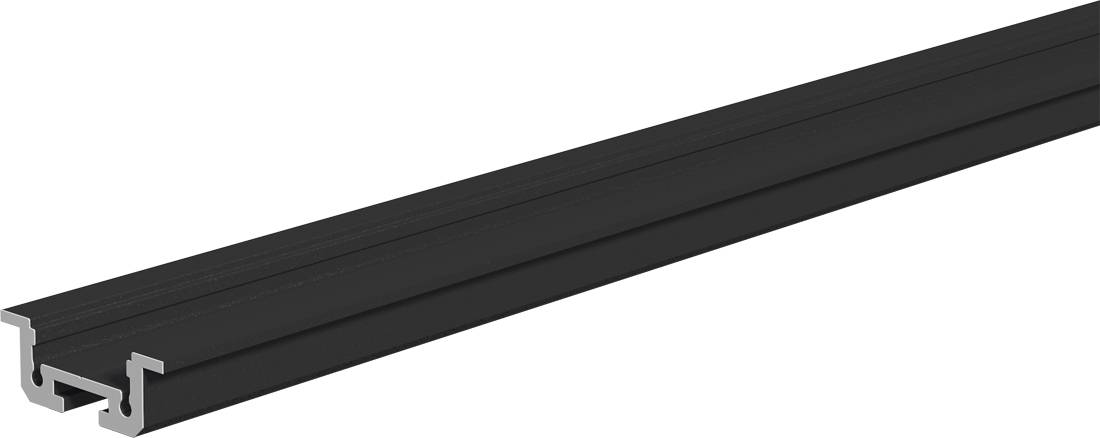 Schwarze Aluminium-Profilschiene mit T-förmigem Kanalprofile in Perspektivdarstellung auf weißem Hintergrund.