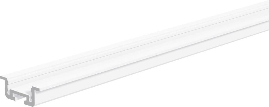 Transparente Kunststoffabdeckleiste in Perspektivdarstellung mit geschlitzter Unterseite zur Montage oder Lichtstreuung.