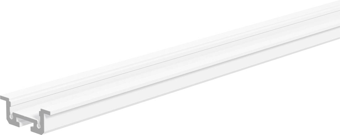 Weiße rechteckige LED-Leuchte oder linearer Diffusor in Perspektivansicht auf einfachem weißem Hintergrund.