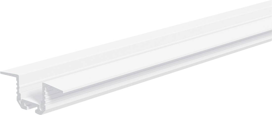 Weiß leuchtender LED-Lichtkanal-Profil mit durchscheinender Diffusor-Abdeckung, in Seitenansicht auf weißem Hintergrund gezeigt.