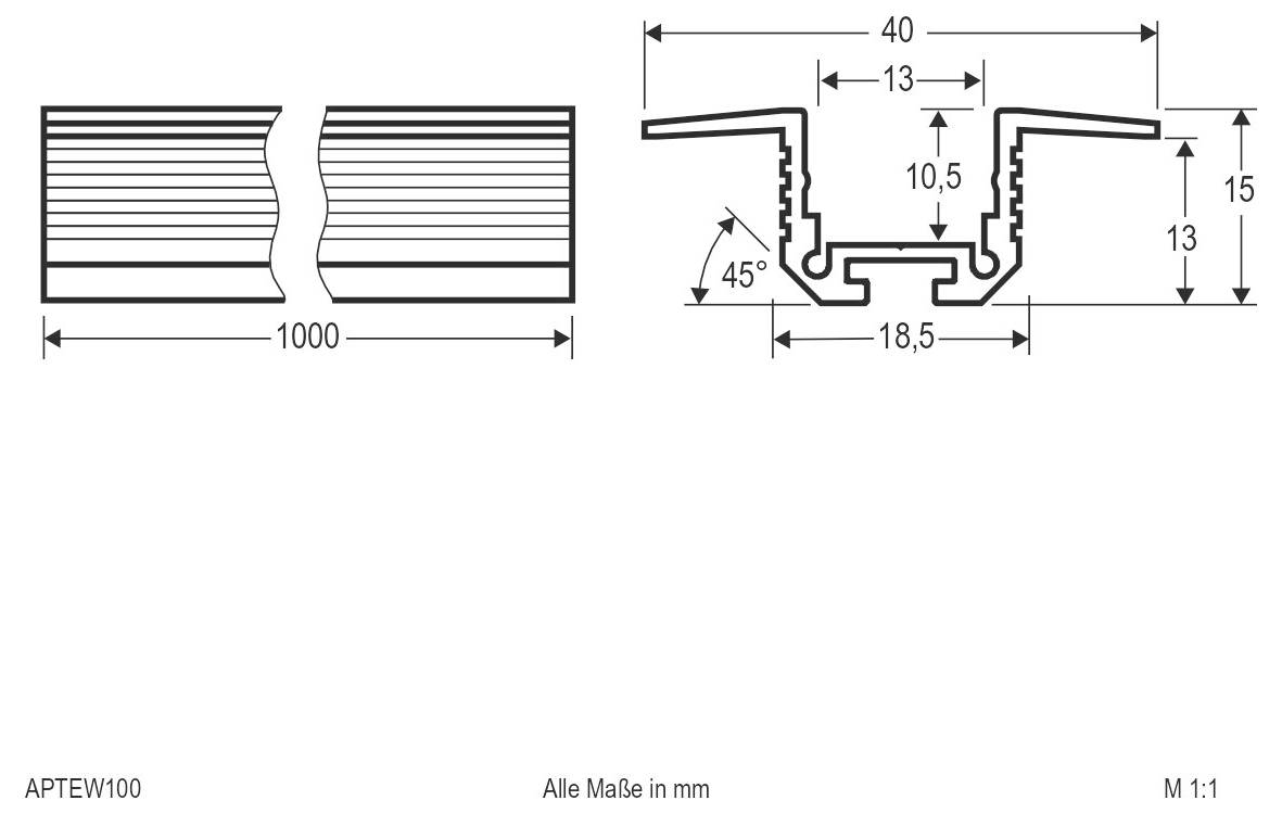 Technische Zeichnung eines Splitprofils mit einer Länge von 1000 mm und Querschnittabmessungen: 27, 18,5, 24, 18,3, 15, 14 und 1,2 mm.