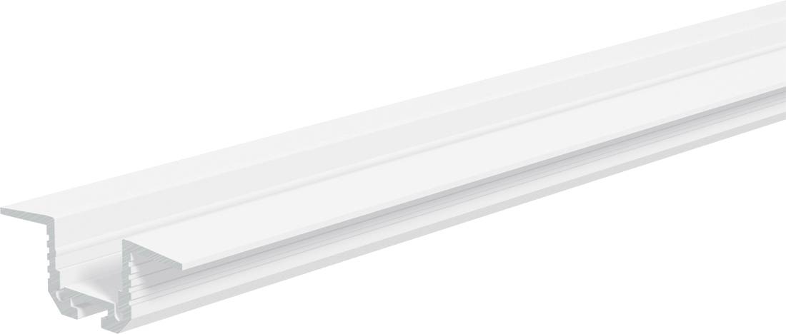 Transparentes Aluminium-LED-Lichtleistenprofil mit Kühlrippen, Seitenansicht auf weißem Hintergrund dargestellt.