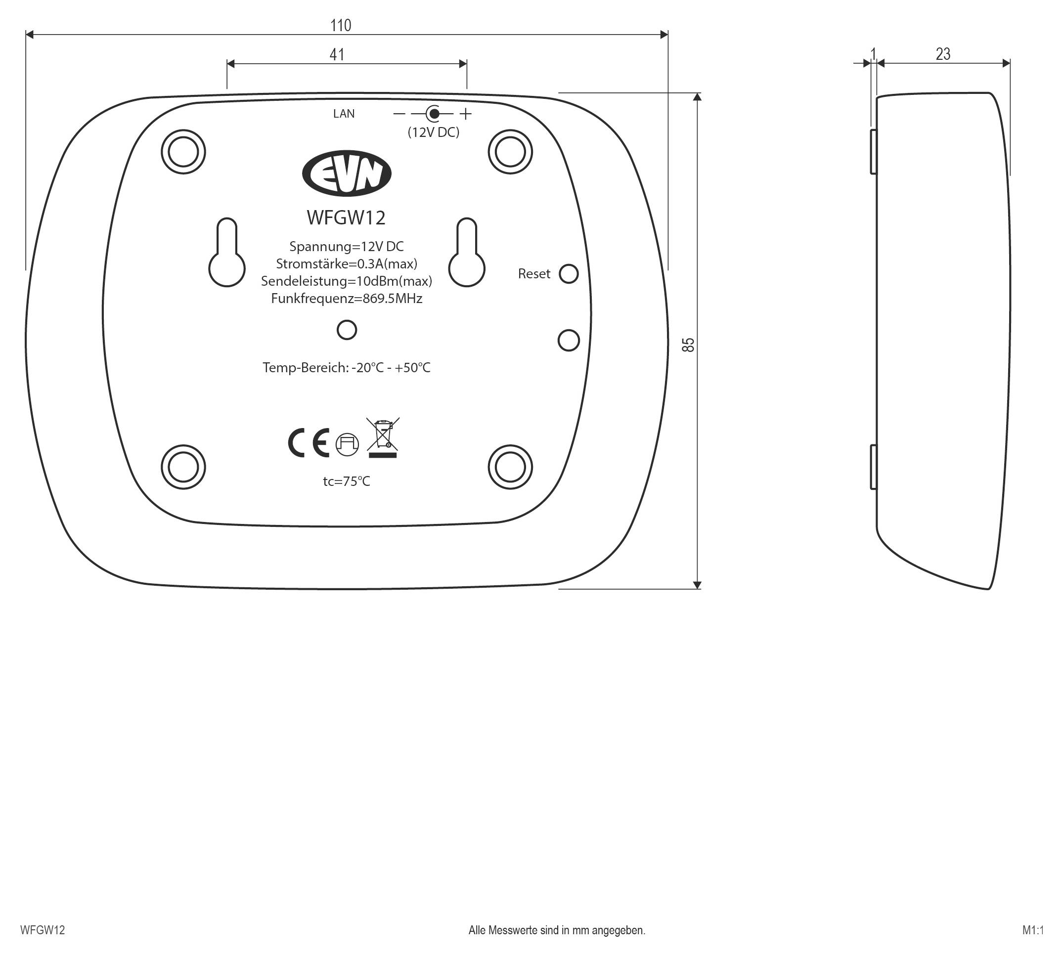 Technische Zeichnung eines wandmontierten EVN WFGW12-Geräts mit Vorder- und Seitenansicht mit Abmessungen, LAN- und 12V DC-Beschriftungen, Reset-Taste und Temperaturangaben.