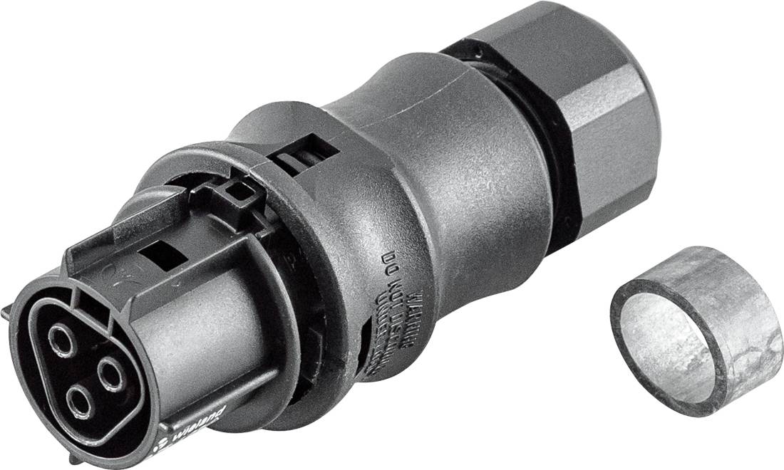 Metallischer Elektrostecker mit vier-poliger Buchse und Sechskantmutter, gezeigt mit separater kleiner Metallkappe auf weißem Hintergrund