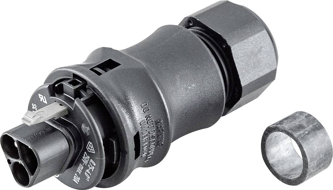 Industrieller Elektrostecker mit Sechskantmutter und separatem Metallsperrring daneben auf weißem Hintergrund.