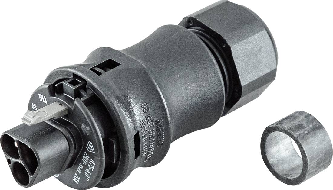 Industrieller Elektrostecker mit Metallverriegelungsring und separat daneben abgebildeter Unterlegscheibe oder Distanzscheibe.