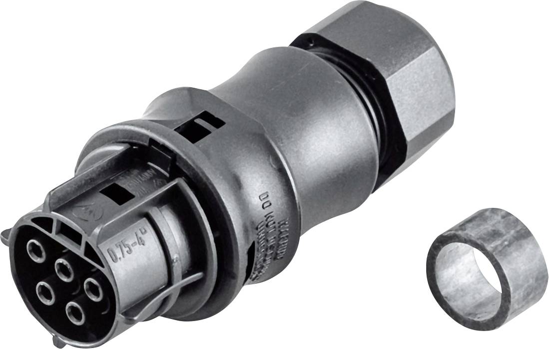 Metallischer Elektrostecker mit sechspoliger Buchse und separatem Verriegelungsring, auf weißem Hintergrund abgebildet.