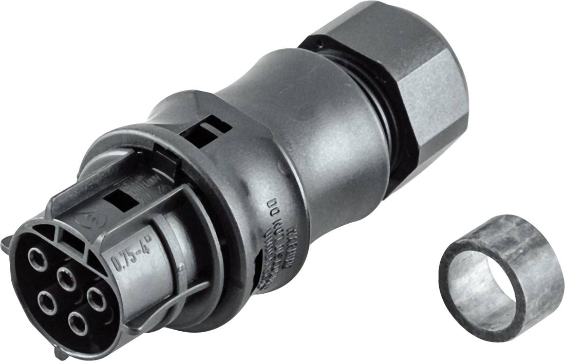 Metallischer elektrischer Steckverbinder mit mehreren runden Stiften und einem separaten Dichtungsring auf weißem Hintergrund.